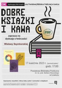 Plakat informacyjny dotyczący spotkania Dyskusyjnego Klubu Książki w kwietniu.