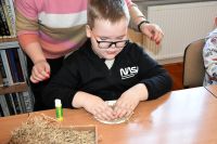 Chłopiec siedzi przy stoliku, wykleja tekturkowe ścinki na papierowy talerzyk.