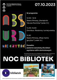 Plakat informacyjny dotyczący Nocy Bibliotek organizowanej w Bibliotece.