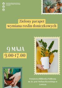 Plakat promujący wymianę roślin doniczkowych w bibliotece.
