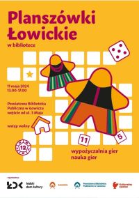 Plakat informujący o Planszówkach Łowickich w Bibliotece