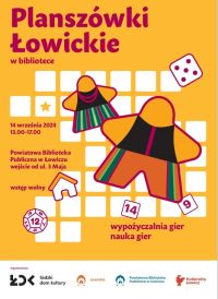 Plakat promujący wydarzenie ,,Planszówki w Bibliotece"