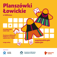 Plakat informujący o organizacji Planszówek Łowickich w bibliotece
