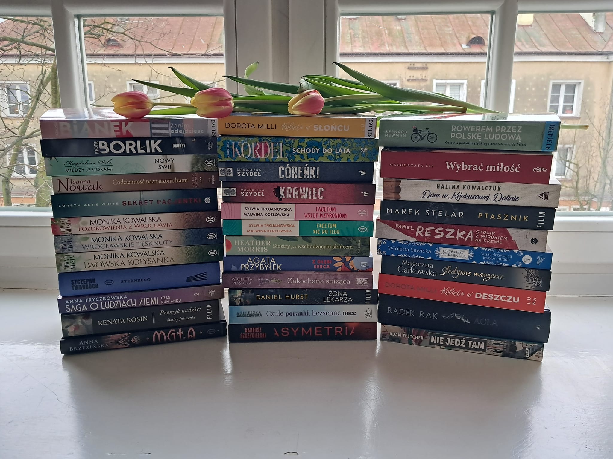 Stos książek ułożony na parapecie