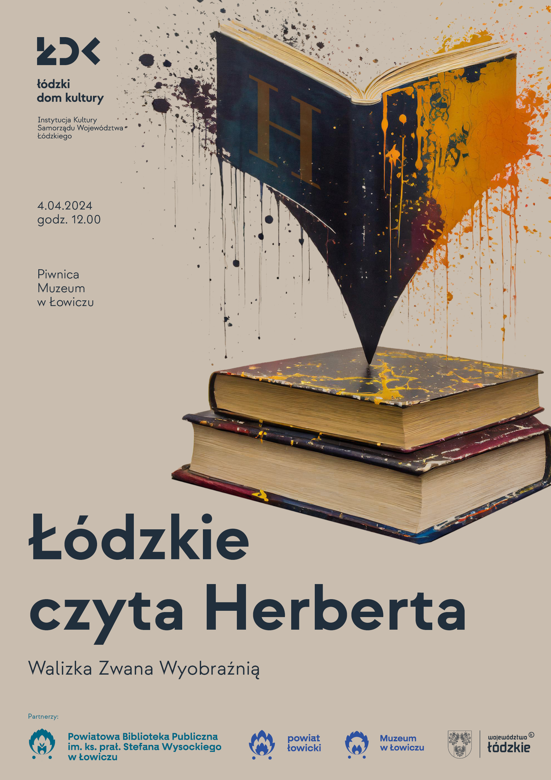 Plakat promujący wydarzenie Łódzkie czyta Herberta