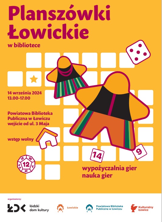 Plakat promujący wydarzenie ,,Planszówki w Bibliotece"