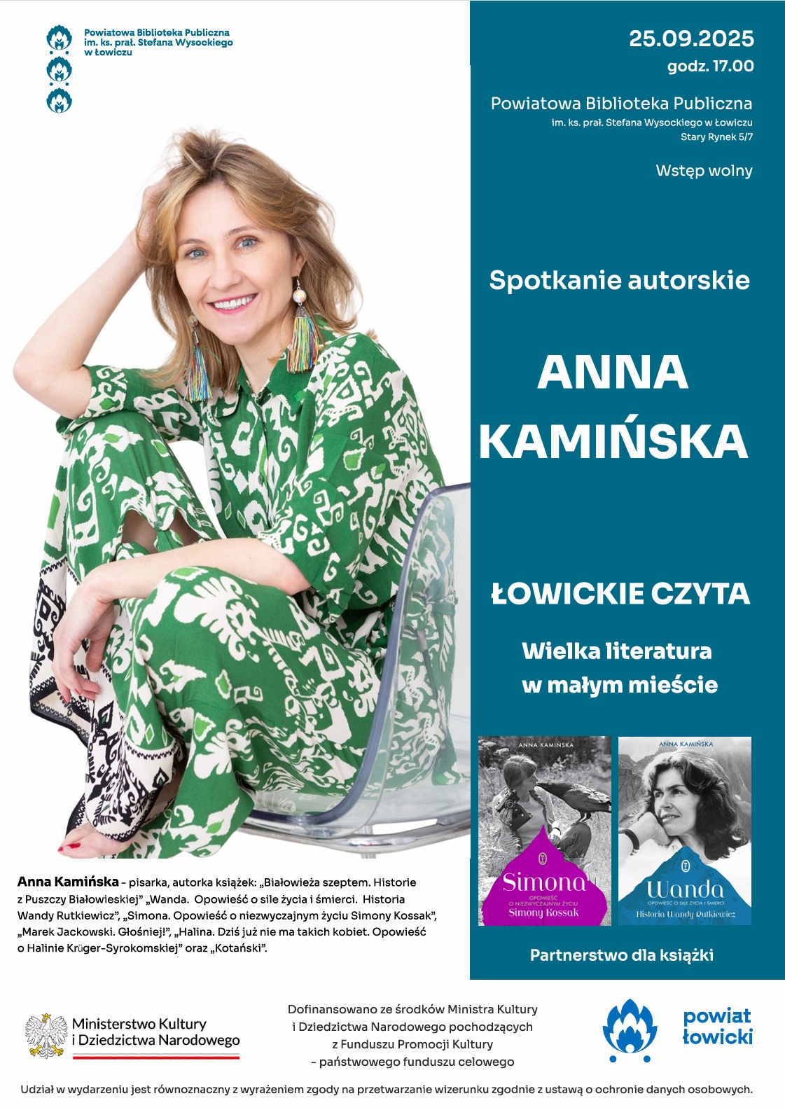 Plakat promujący spotkanie autorskie z Anną Kamińską