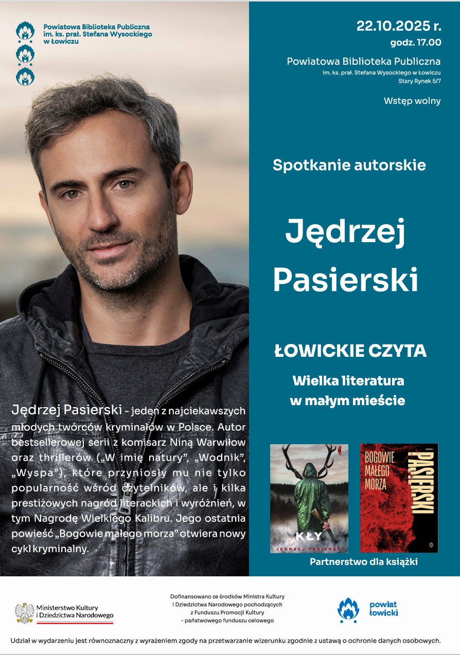 Plakat promujący spotkanie autorskie z Jędrzejem Pasierskim