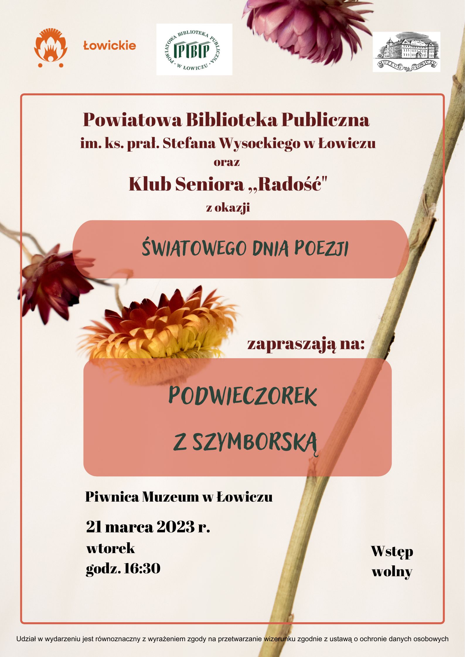 Na zdjęciu jest plakat informujący o Światowym Dniu Poezji w bibliotece