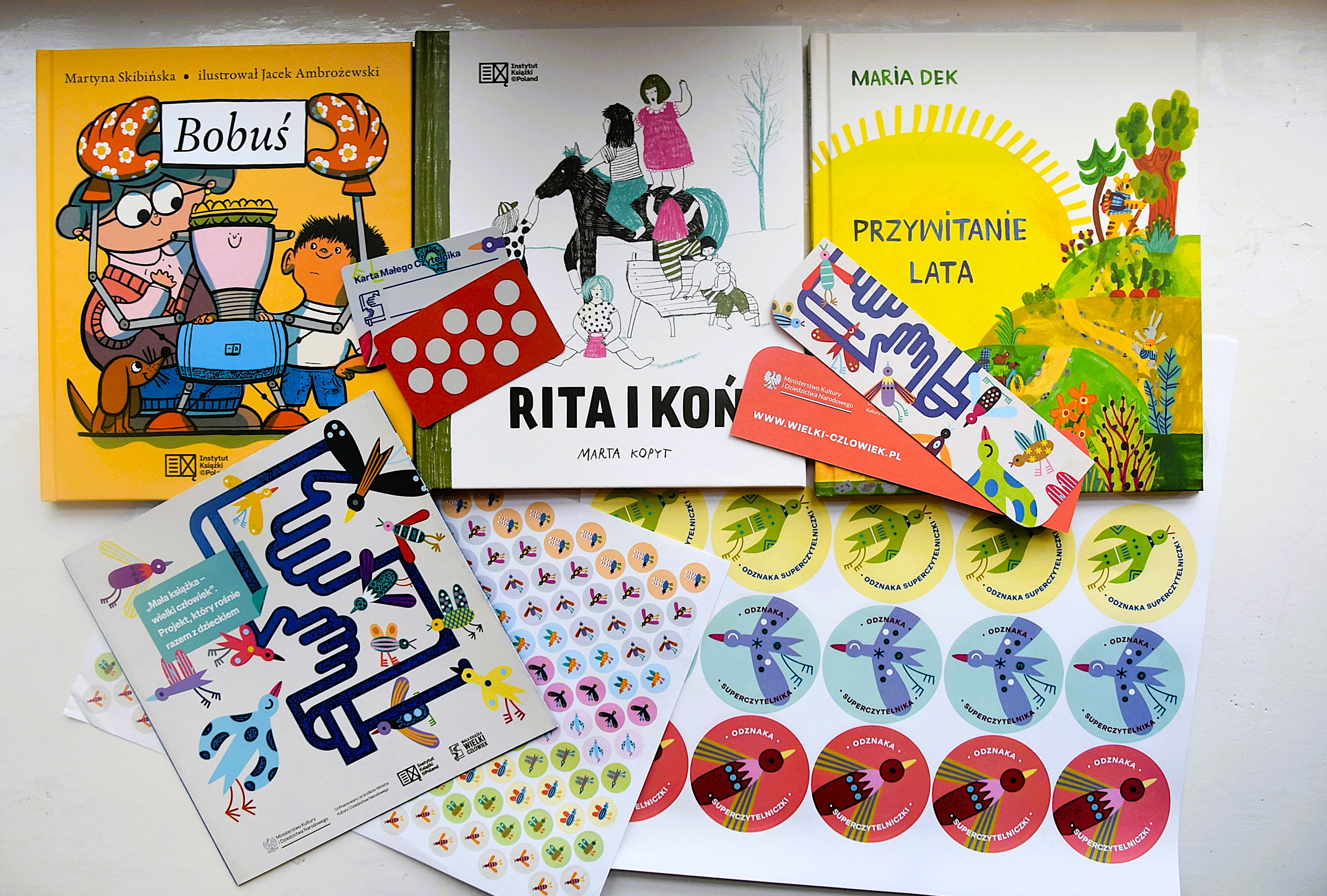 Gadżety promocyjne z akcji ,,Mała książka - wielki człowiek" (książki, naklejki, zakładki)