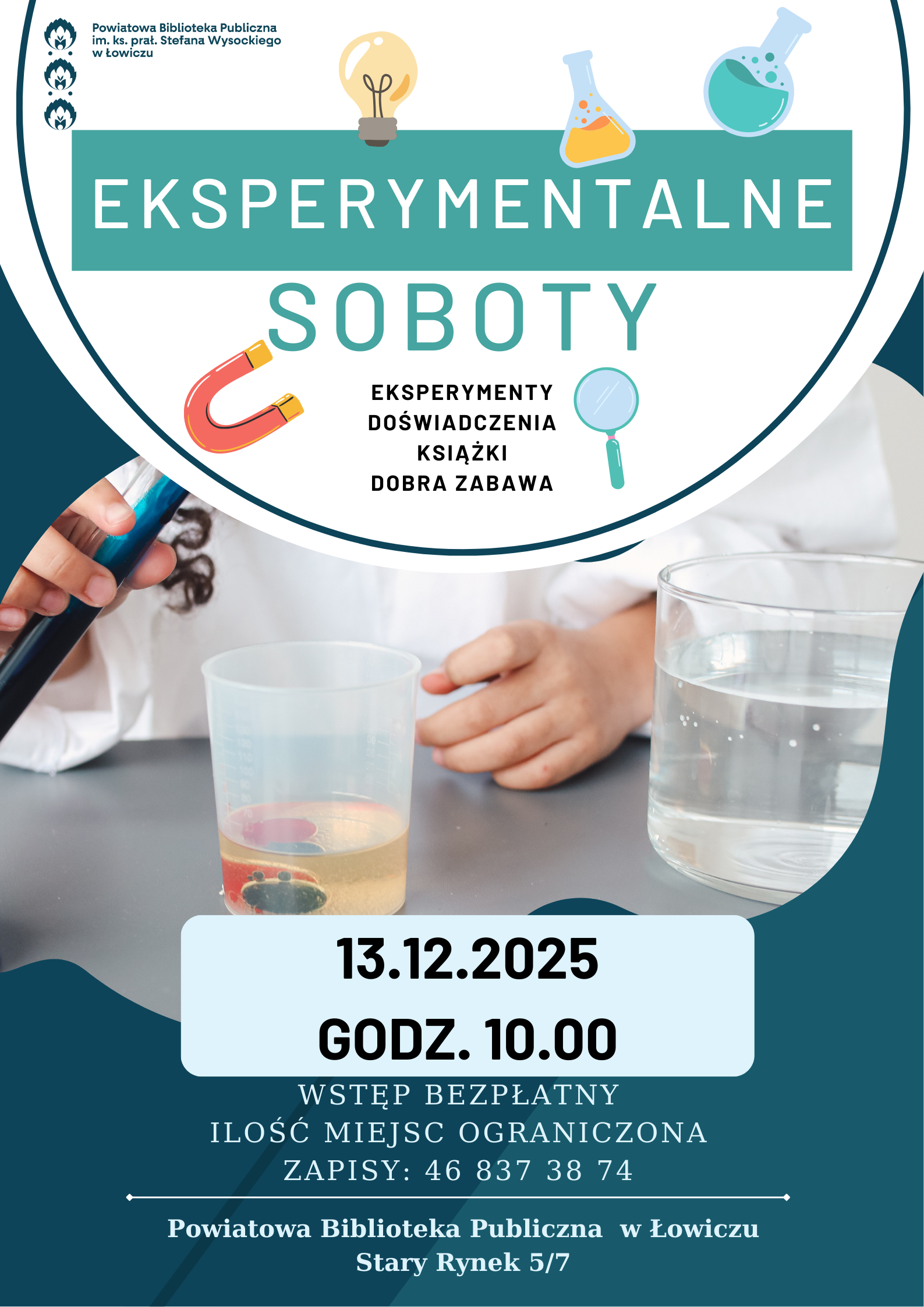 Plakat promujący Eksperymentalne soboty w bibliotece