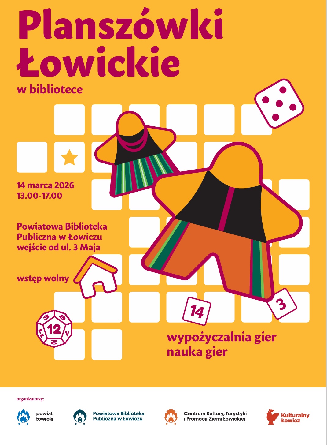 Plakat promujący Łowickie planszówki w bibliotece