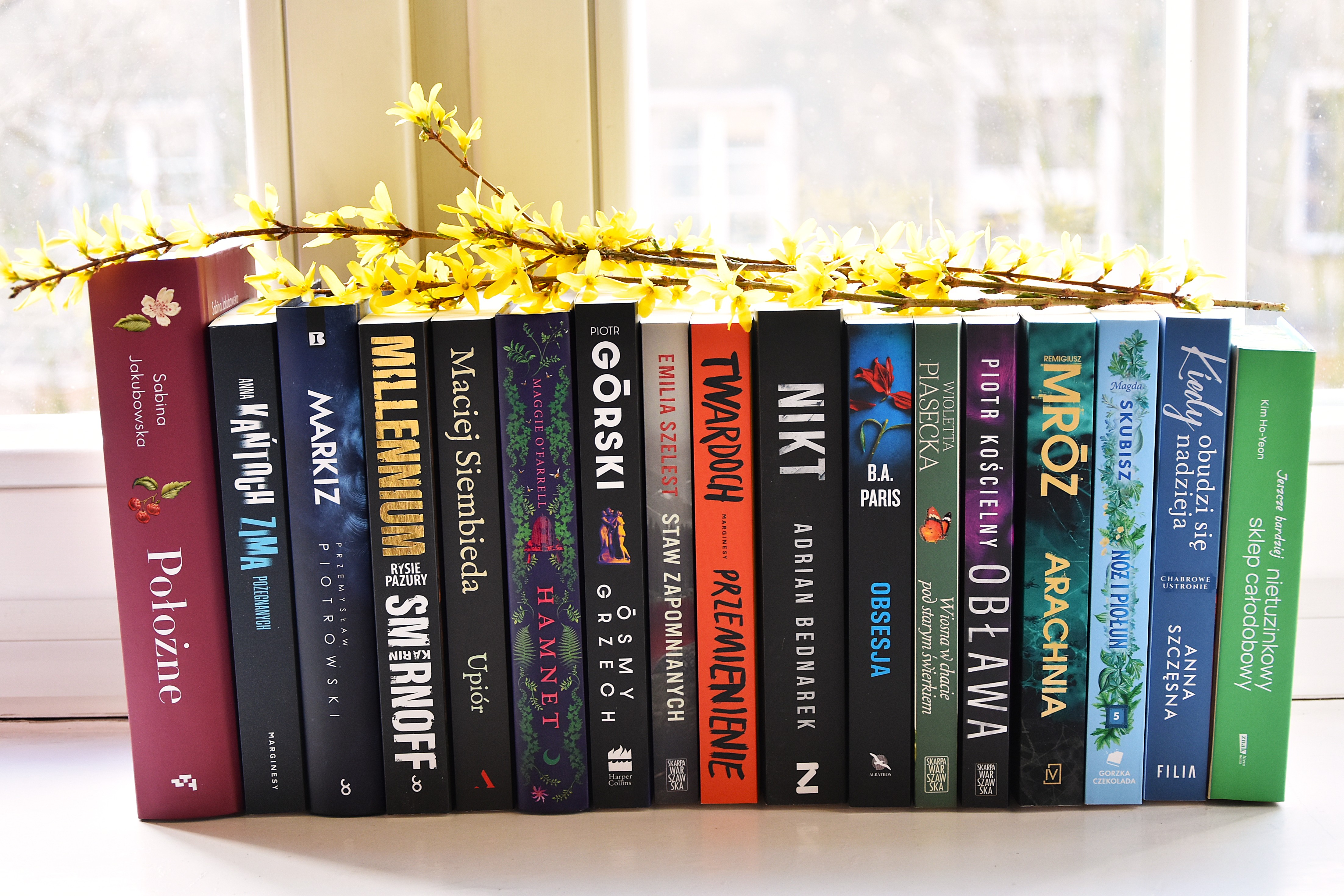 Na parapecie okiennym stoją książki. Leżą na nich gałązki forsycji.