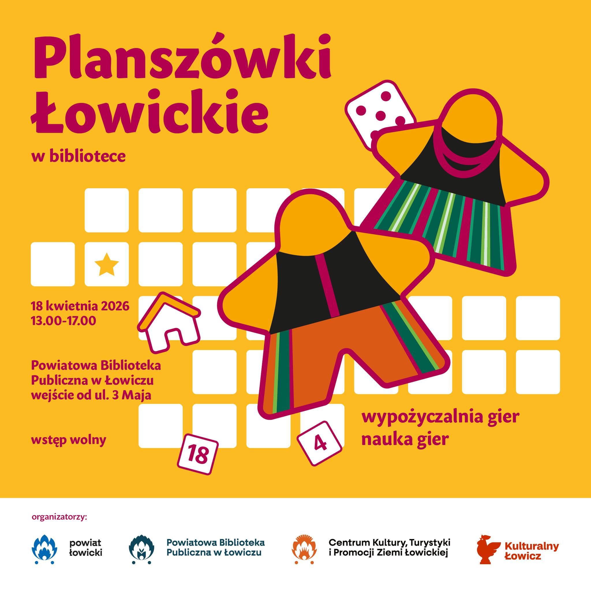 Plakat promujący Planszówki Łowickie w bibliotece